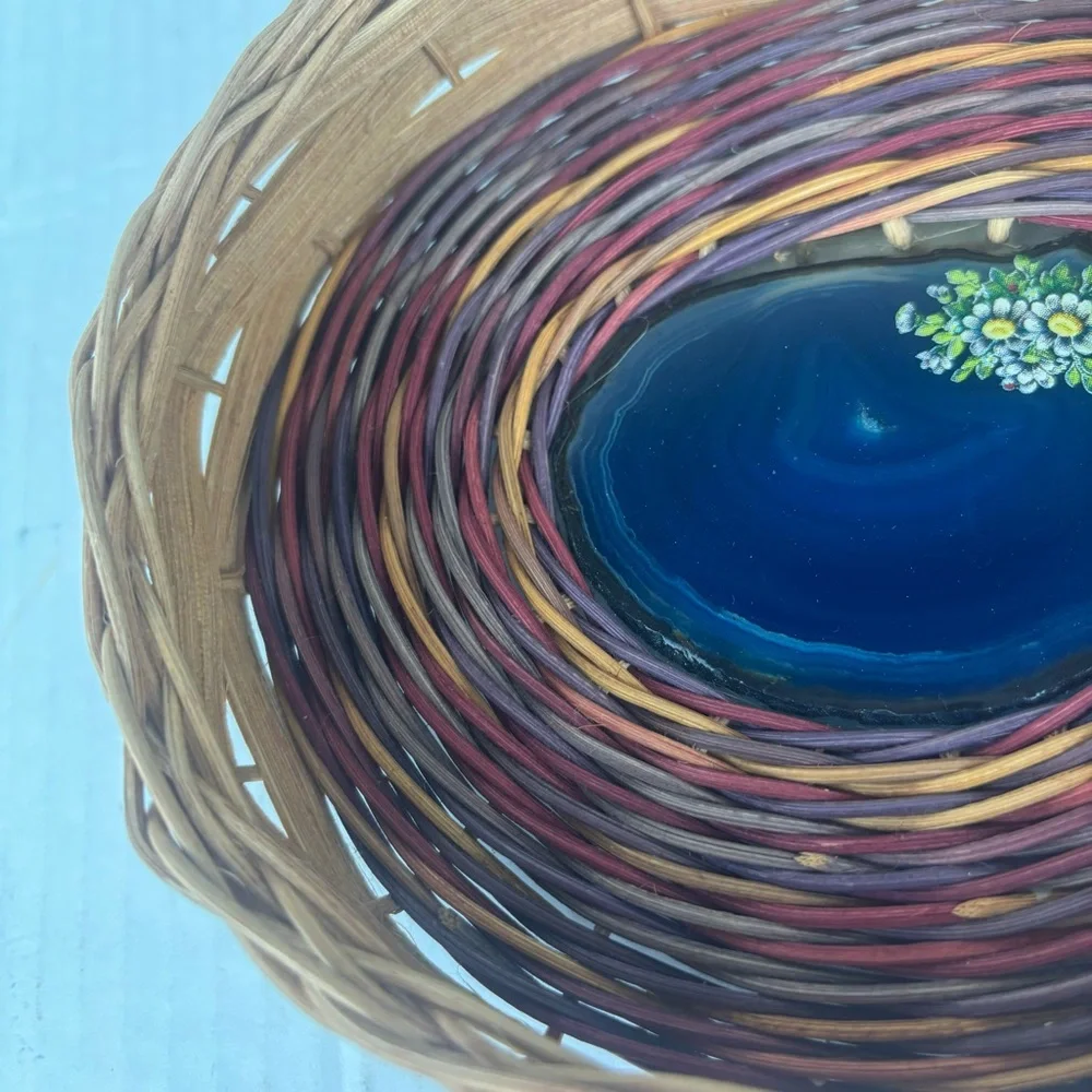 Basketry Elegance-handcrafted multi-colored small tray with agate center-NWT